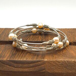 7 1/2 Inch Silver Tone Genuine Pearls Tribal Pattern Bracelet